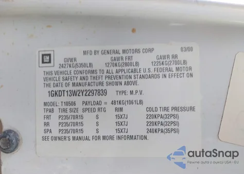 2000 GMC Jimmy Sle z USA, uszkodzony, nr VIN 1GKDT13W2Y2297839